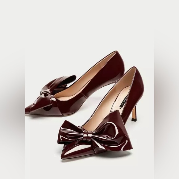 Zara Shoes - New with Tag Zara Patent Leather Bow Court Heel Pumps Burgundy Size 6